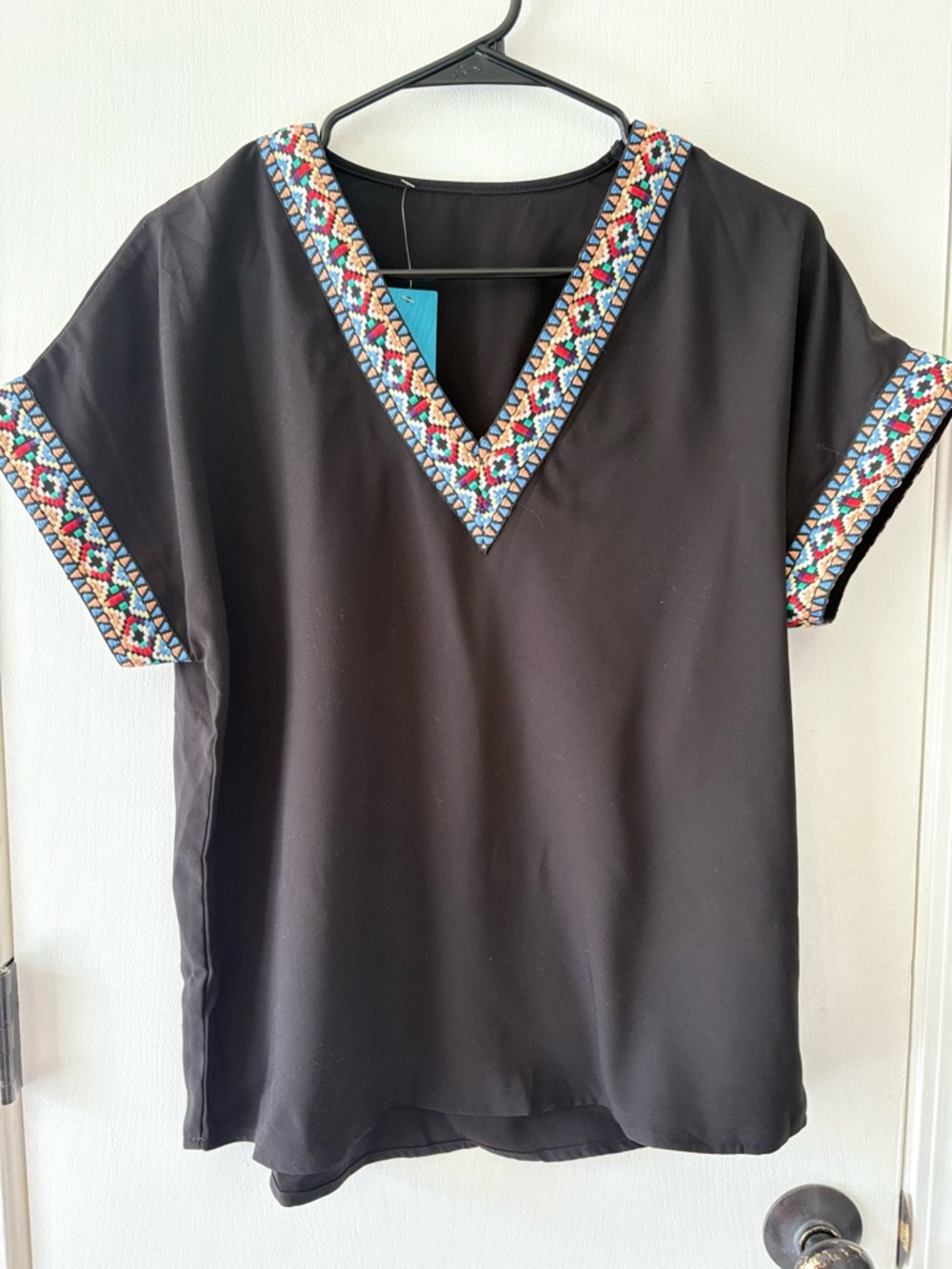 Cupshe NWT Size Small Black V-Neck Blouse with Colorful Embroidered Trim